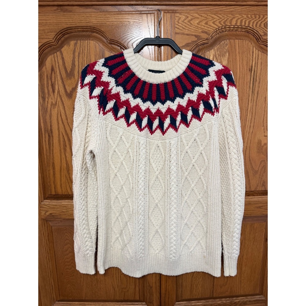 J Crew Cable Knit Fair Isle Sweater S Ivory Red Navy Nordic Pullover Wool